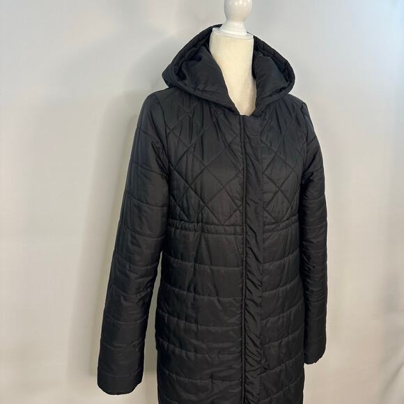 Fabletics Knee Length Hooded Puffer Jacket Black - Picture 2 of 9